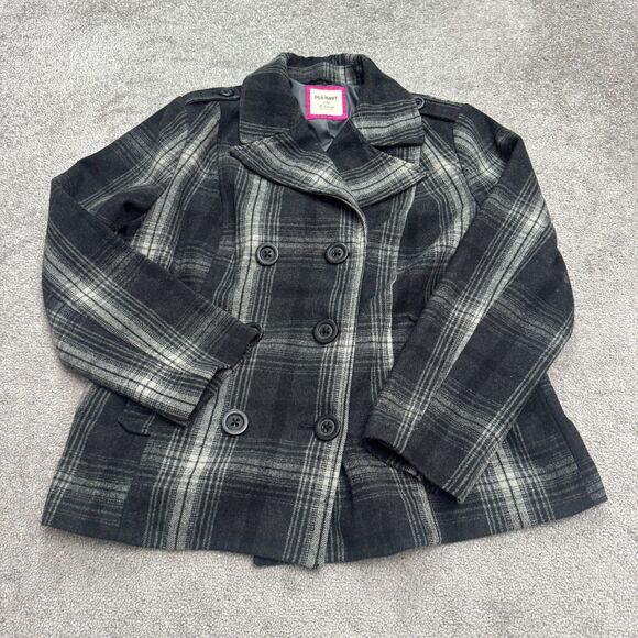 Old Navy Wool Blend Peacoat Jacket Womens XL Black Gray Plaid Double Breasted - Picture 1 of 11